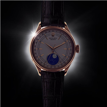 The 18ct Everose gold of the Rolex Cellini Moonphase is framed in soft moonlight.
