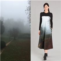 天鵝絨百褶裙在法國製造，採用Agnès 拍攝的照片進行數碼印刷。霧中盧浮宮的她家花園。 Instagram ❙ festivalwalk